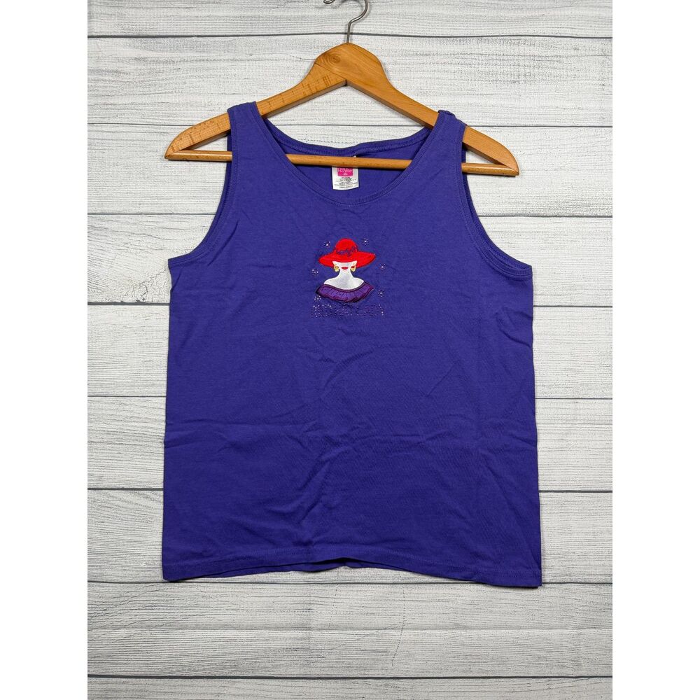 Vintage Hanes Her Way Women's Small Purple Red Hat Rhinestone Tank Top 1273